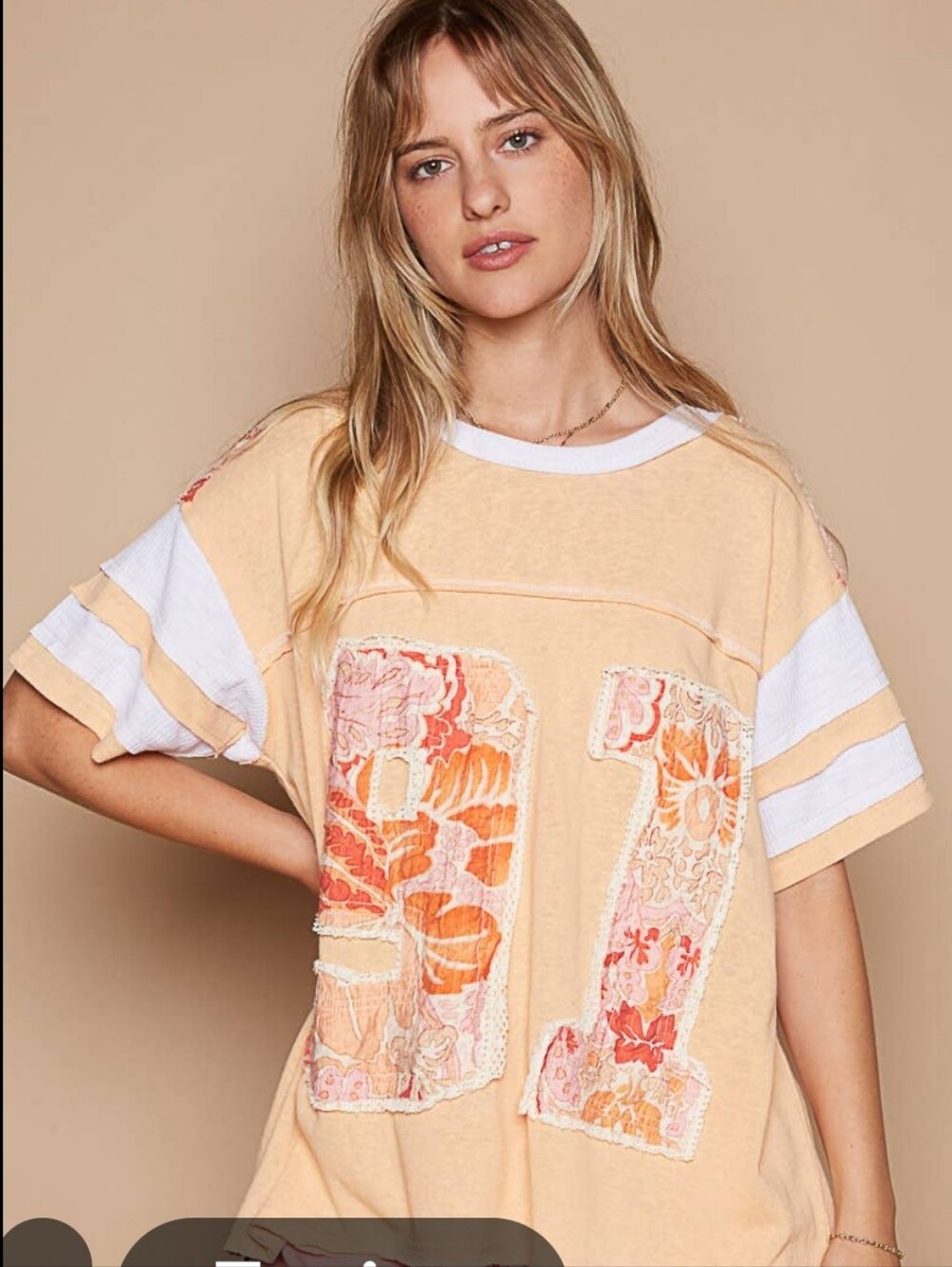 POL Peach Floral Appliqué Football Tee with White Trim